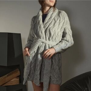 Lunya Chunky Wool Knit Cardigan Women's XS/S Gray Sweater Belted Robe Cozy